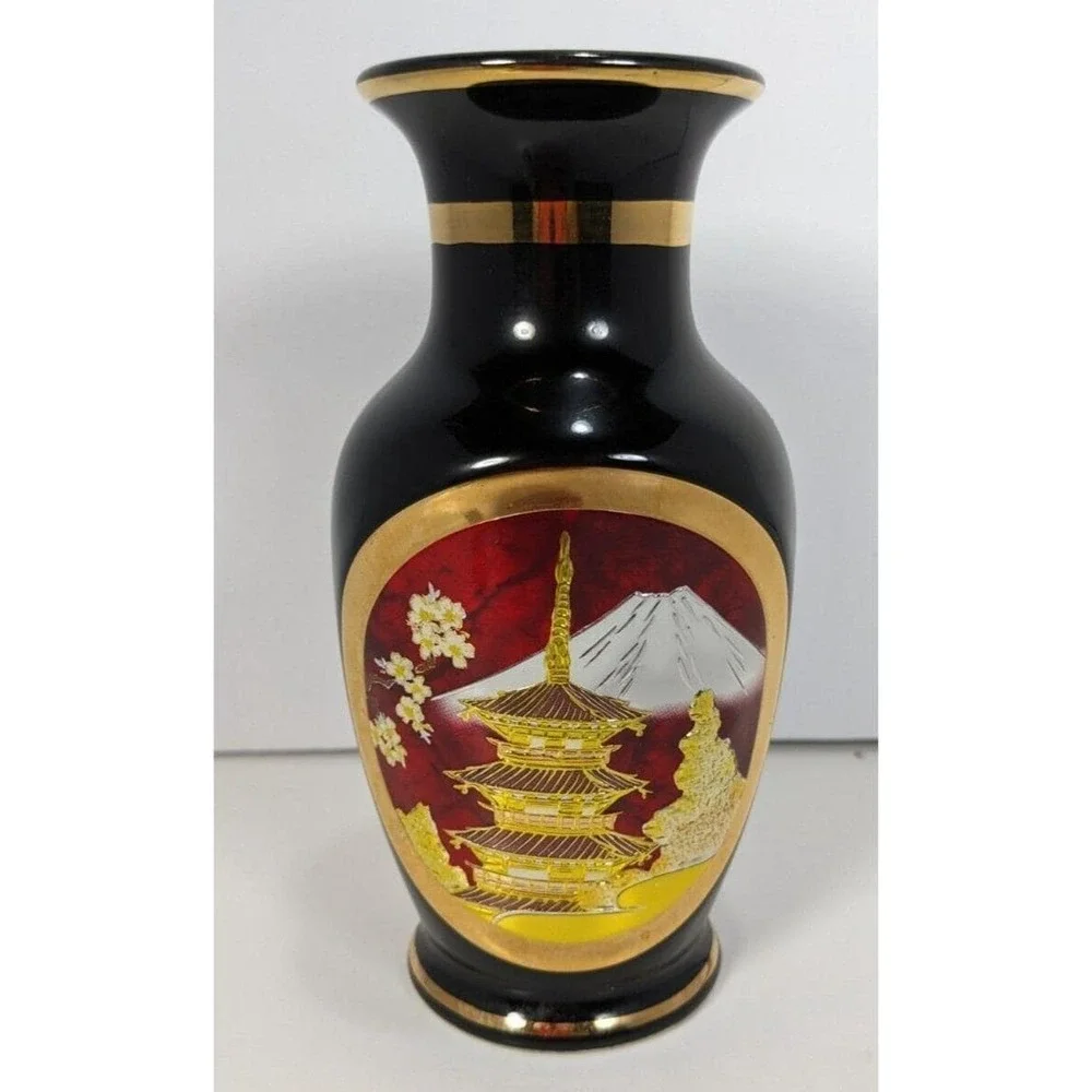 Vintage Chokin Vase Pagoda Scene Gold Gilded Japan 6.25